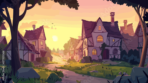 Streetscape Village Sunset Cartoon Game Background Rural Countryside Houses Evening Sky Colorful Buildings Game Level Illustration