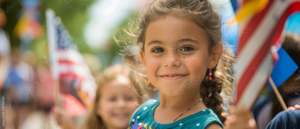 Smiling child holding an American flag at an outdoor event, surrounded by other children on a sunny day. Smiling child holding an American flag at an outdoor event, surrounded by other children on a sunny day.