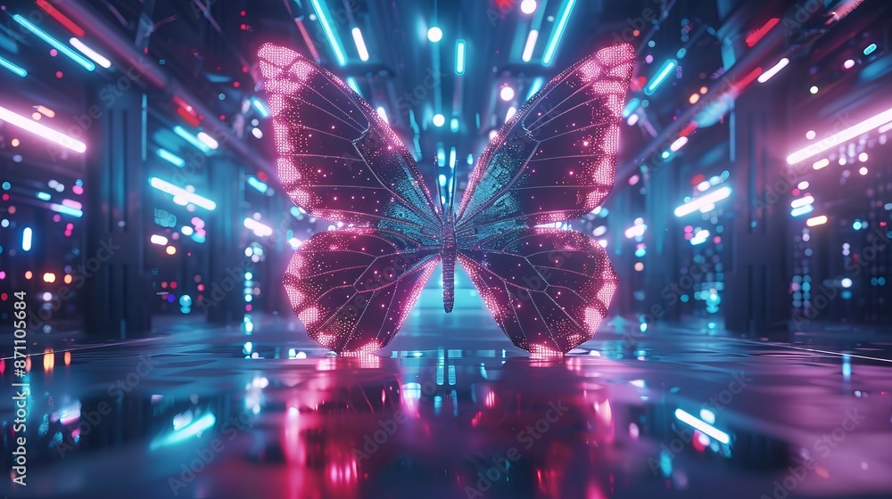 Neon Butterfly in a Futuristic Corridor Neon Butterfly in a Futuristic Corridor