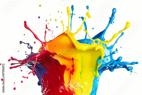 Dynamic and vibrant splashes of red, yellow, blue, and other colors collide against a white background, showcasing an explosion of hues and creative energy in abstract art form. photo