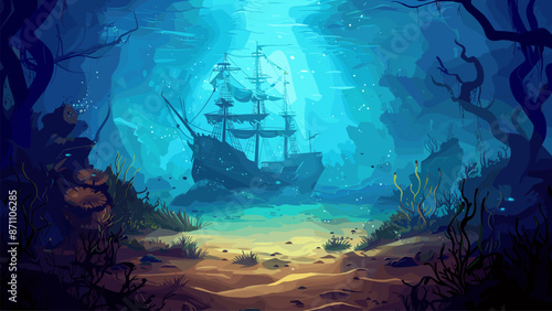 Sunken Royal Frigate Shipwreck Bottom of the Sea Sand Seaweed Coral Marine Life Underwater Adventure Exploration Cartoon Background Illustration