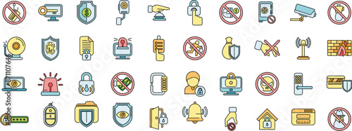 Stop theft icons set outline vector. Anti terrorist. Hacker attack thin line color flat on white