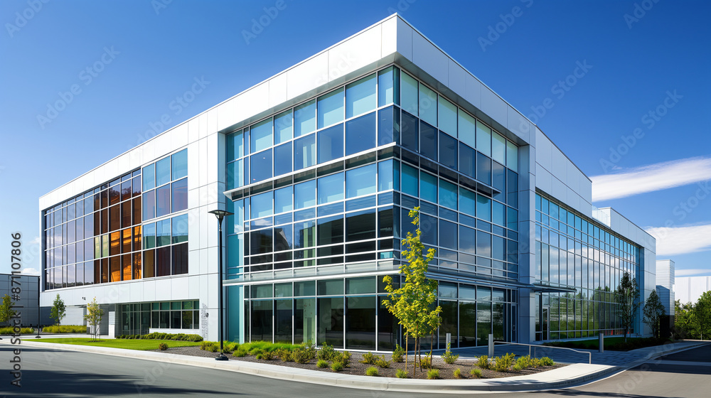 Obraz premium Exterior shot of a modern clinical research facility, architectural lines and bright signage, left third copy space