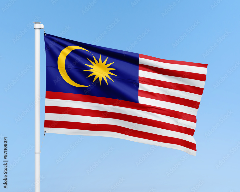 Malaysia flag on stick on sky background. Realistic flag illustration Malaysia flag on stick on sky background. Realistic flag illustration