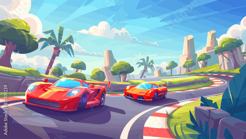 Two Sports Cars Go Round A Corner On A Race Track Cartoon Game Background Speed Racing Competition Asphalt Curves Adrenaline Motorsport Cars Fast Vehicles