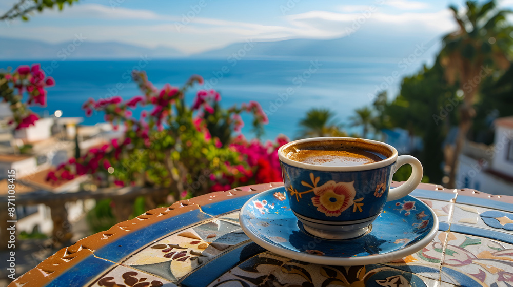Fototapeta premium Turkish Coffee with View of Sidi Bou Said