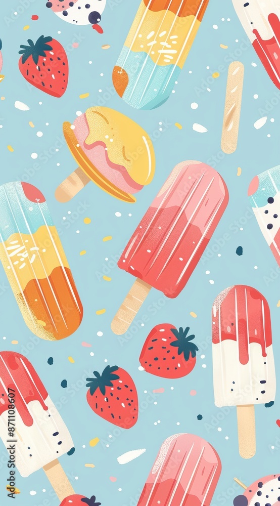 Ice cream pattern. Summer street food, snacks. Cone waffle with filling, ice cream balls in cup, ice cream in cone. Flat cartoon style background. High quality AI generated image Ice cream pattern. Summer street food, snacks. Cone waffle with filling, ice cream balls in cup, ice cream in cone. Flat cartoon style background. High quality AI generated image