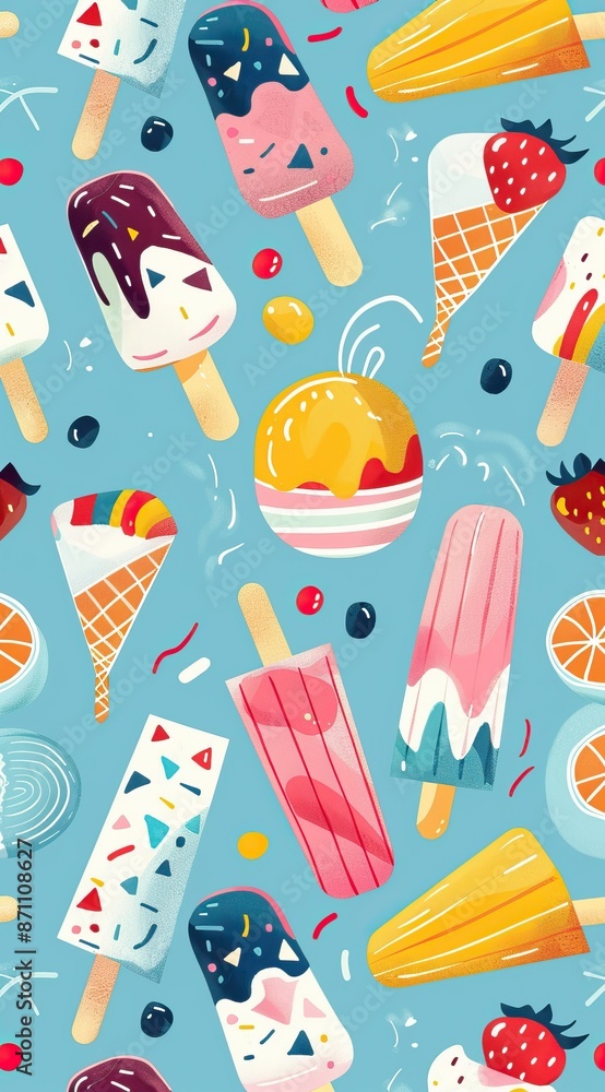 Ice cream pattern. Summer street food, snacks. Cone waffle with filling, ice cream balls in cup, ice cream in cone. Flat cartoon style background. High quality AI generated image Ice cream pattern. Summer street food, snacks. Cone waffle with filling, ice cream balls in cup, ice cream in cone. Flat cartoon style background. High quality AI generated image