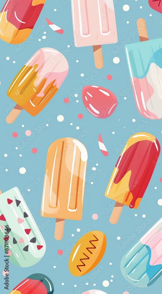 Ice cream pattern. Summer street food, snacks. Cone waffle with filling, ice cream balls in cup, ice cream in cone. Flat cartoon style background. High quality AI generated image Ice cream pattern. Summer street food, snacks. Cone waffle with filling, ice cream balls in cup, ice cream in cone. Flat cartoon style background. High quality AI generated image