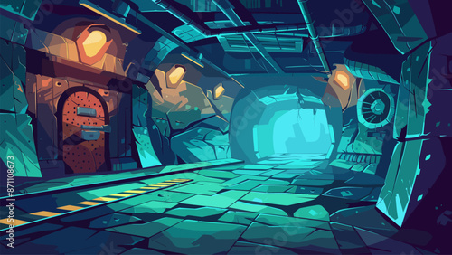 Underground Bunker Concept Cartoon Game Background Secret Shelter Military Base Hidden Fortress Secure Facility Subterranean Rooms Hallways Steel Doors Post-Apocalyptic Survival