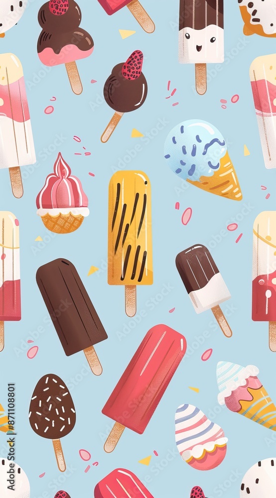 Ice cream pattern. Summer street food, snacks. Cone waffle with filling, ice cream balls in cup, ice cream in cone. Flat cartoon style background. High quality AI generated image Ice cream pattern. Summer street food, snacks. Cone waffle with filling, ice cream balls in cup, ice cream in cone. Flat cartoon style background. High quality AI generated image