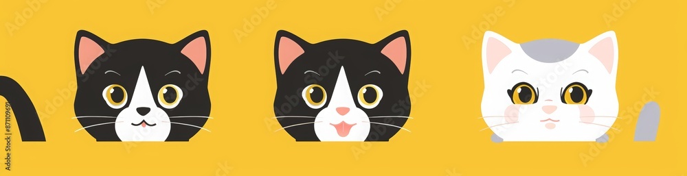 White, black and gray cat head icon set on a yellow background. A cute cartoon character with a pink nose, ears, eyes, mouth and smiling expression. A kawaii pet animal. kids wallpaper, print t-shirs White, black and gray cat head icon set on a yellow background. A cute cartoon character with a pink nose, ears, eyes, mouth and smiling expression. A kawaii pet animal. kids wallpaper, print t-shirs