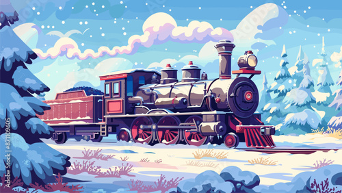 Vintage Locomotive Snow Forest Cartoon Game Background Train Rails Winter Landscape Snowy Trees Steam Engine Retro Illustration