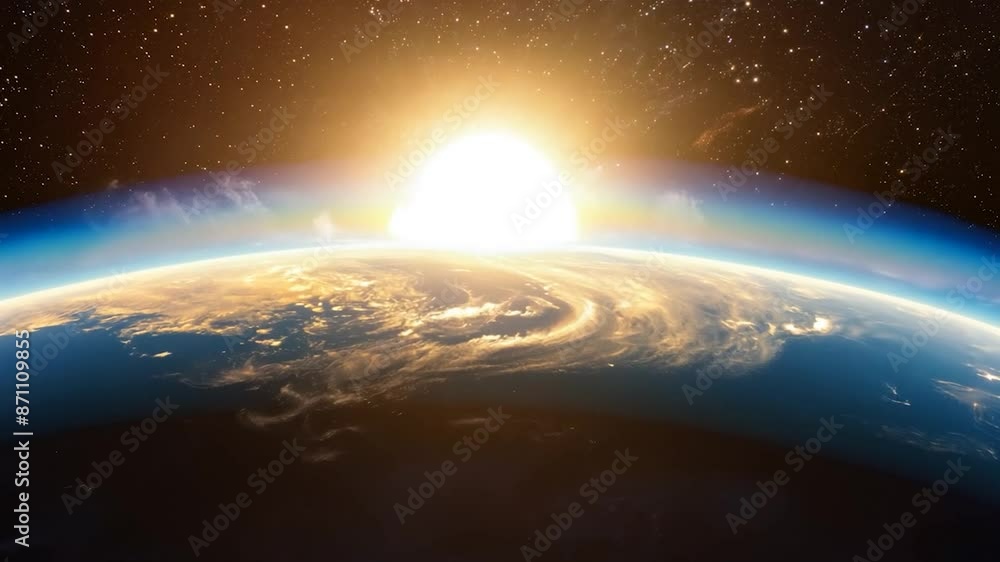 A stunning view of Earth from space, capturing the sunrise as it peeks over the horizon, illuminating the planets atmosphere A stunning view of Earth from space, capturing the sunrise as it peeks over the horizon, illuminating the planets atmosphere