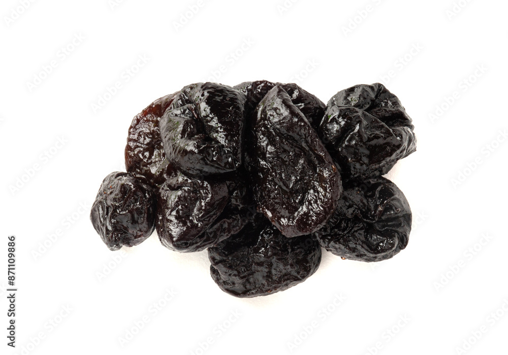 Dry Plums Isolated, Dried Black Fruits, Prune Group, Dry Plum Fruit on White Background Dry Plums Isolated, Dried Black Fruits, Prune Group, Dry Plum Fruit on White Background