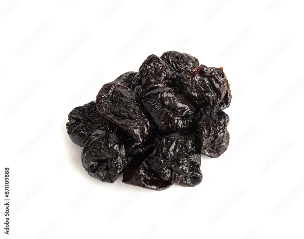 Dry Plums Isolated, Dried Black Fruits, Prune Group, Dry Plum Fruit on White Background Dry Plums Isolated, Dried Black Fruits, Prune Group, Dry Plum Fruit on White Background