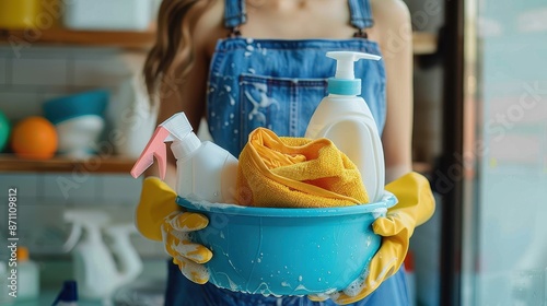 A person wearing yellow rubber gloves is depicted holding a blue bucket filled with cleaning supplies, including spray bottles, lotions, and a yellow microfiber cloth, suggesting the act of houseclea photo