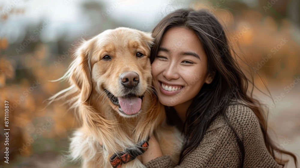 A young woman with a joyful smile is closely hugging her golden retriever in an autumn landscape, both looking happy and content, surrounded by fall foliage. A young woman with a joyful smile is closely hugging her golden retriever in an autumn landscape, both looking happy and content, surrounded by fall foliage.