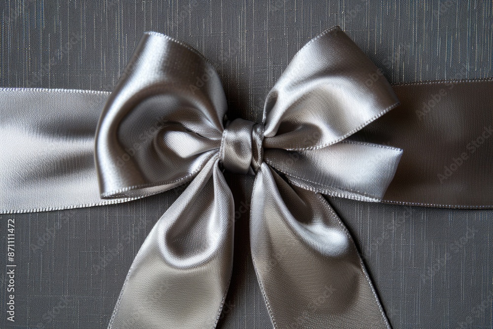 Silver Gift Bow. Shiny Ribbon Present on Grey Background with Sparkling Decorations Silver Gift Bow. Shiny Ribbon Present on Grey Background with Sparkling Decorations