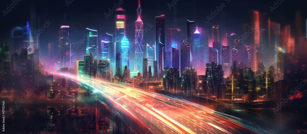 Neon Cityscape with Blurry Lights and Speeding Traffic Neon Cityscape with Blurry Lights and Speeding Traffic