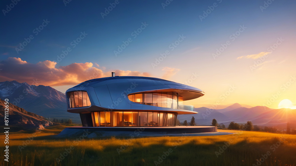 Obraz premium Villa in autumn not far from the mountains at sunset