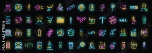 Reproductive health icons set outline vector. Menopause health. Woman infection neon color on black