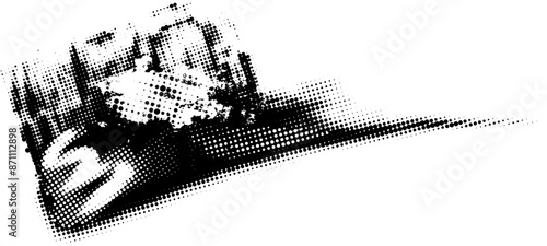 Glitch distorted noise destroyed horizontal cut out shapes . Trendy defect halftone stamp. Vector black shape overlay.