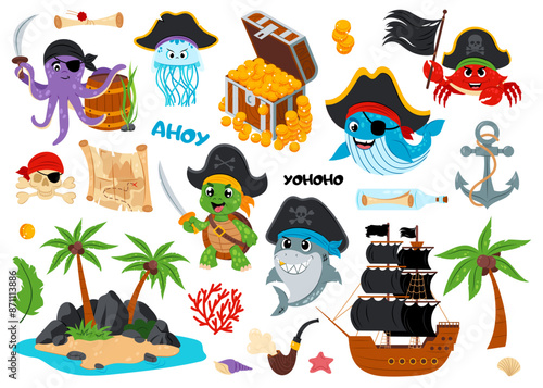 Set of illustrations of sea animals in pirate costumes. Sea animals with different pirate items. Cute sea creatures on a white background.
