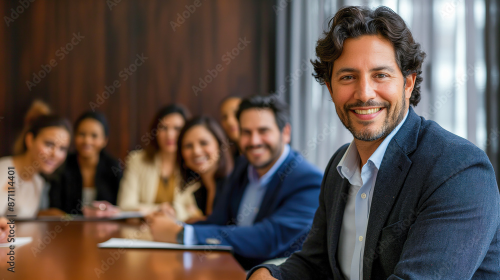 smiling business man in his late thirties sitting at a table with a group of diverse people, in a modern board room background smiling business man in his late thirties sitting at a table with a group of diverse people, in a modern board room background