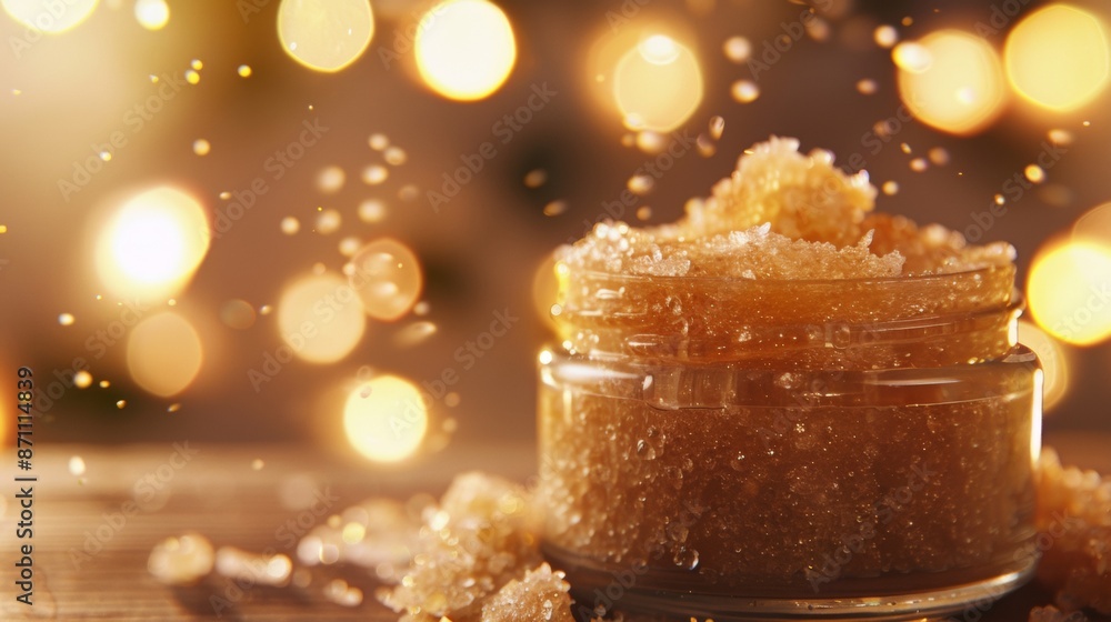 A Close Up of Brown Sugar Scrub in a Glass Jar on a Wooden Surface With a Bokeh Background of Golden Lights A Close Up of Brown Sugar Scrub in a Glass Jar on a Wooden Surface With a Bokeh Background of Golden Lights