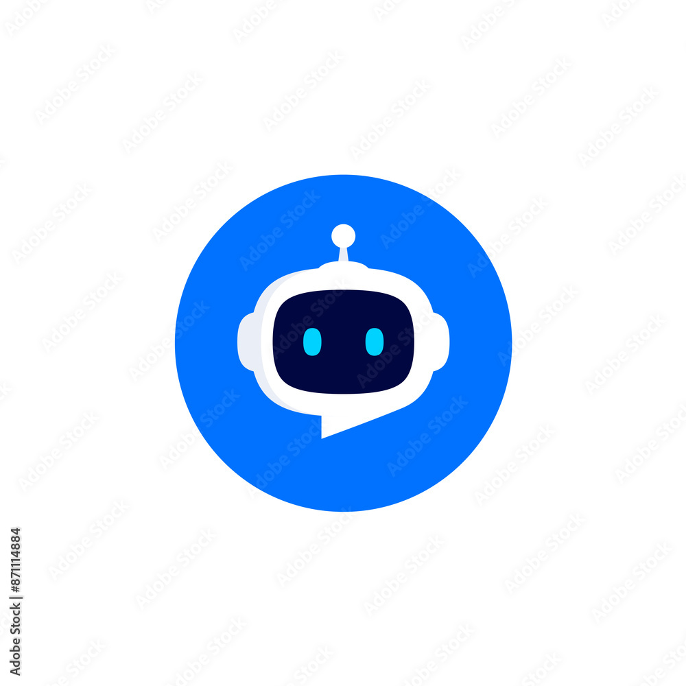 Robot head with speech bubble in blue circle on white background. Chat Bot logo design concept. Cute robot icon with speech bubble. Support service bot. Vector illustration Robot head with speech bubble in blue circle on white background. Chat Bot logo design concept. Cute robot icon with speech bubble. Support service bot. Vector illustration