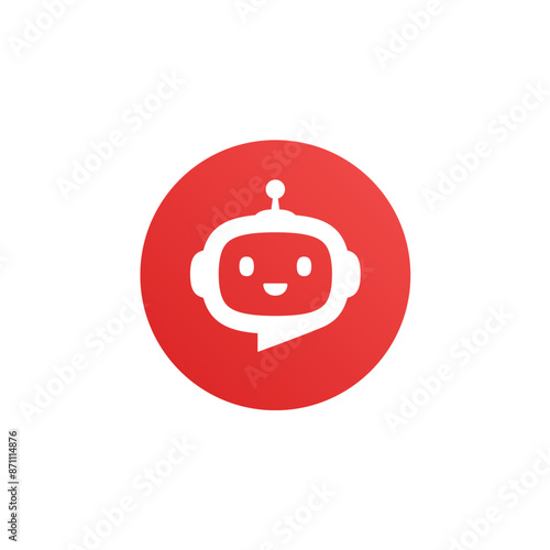 Robot head with speech bubble in red circle on white background. Chat Bot logo design concept. Cute robot icon with speech bubble. Support service bot. Vector illustration