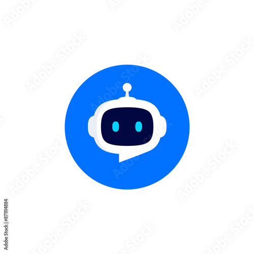 Robot head with speech bubble in blue circle on white background. Chat Bot logo design concept. Cute robot icon with speech bubble. Support service bot. Vector illustration
