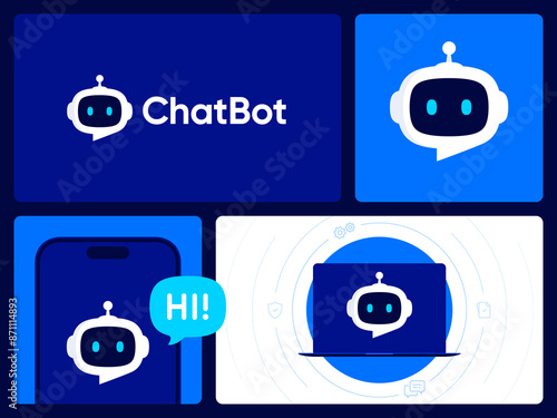 ChatBot logo design. Artificial Intelligence business identity concept. Virtual smart assistant Bot icon. Robot head with speech bubble. Customer support service Chat Bot. Vector illustration