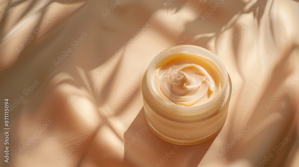 Closeup of Cream Jar With Swirls on a Soft Beige Fabric Background Closeup of Cream Jar With Swirls on a Soft Beige Fabric Background