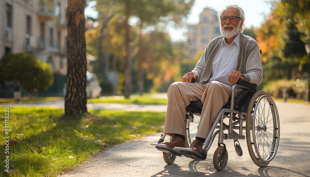 Cheerful elderly man in a wheelchair is out in the park on a sunny day, representing freedom and activity in later life Cheerful elderly man in a wheelchair is out in the park on a sunny day, representing freedom and activity in later life