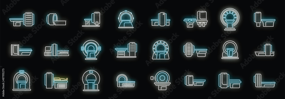 Magnetic resonance tomography icons set outline vector. Ct scan. Medical radiology neon color on black Magnetic resonance tomography icons set outline vector. Ct scan. Medical radiology neon color on black