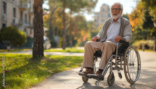Cheerful elderly man in a wheelchair is out in the park on a sunny day, representing freedom and activity in later life