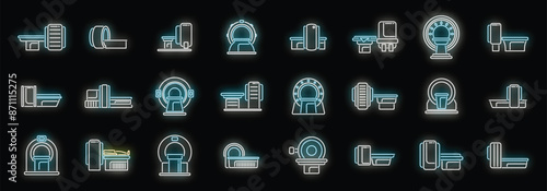 Magnetic resonance tomography icons set outline vector. Ct scan. Medical radiology neon color on black