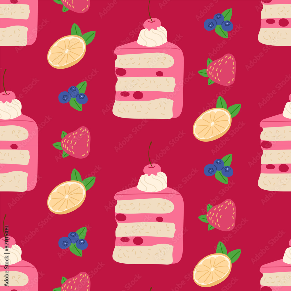 WebFood seamless pattern with cherry cake and berries. Vector hand drawn holiday food illustration on pink background. Good for wrapping paper, background, kitchen textile WebFood seamless pattern with cherry cake and berries. Vector hand drawn holiday food illustration on pink background. Good for wrapping paper, background, kitchen textile
