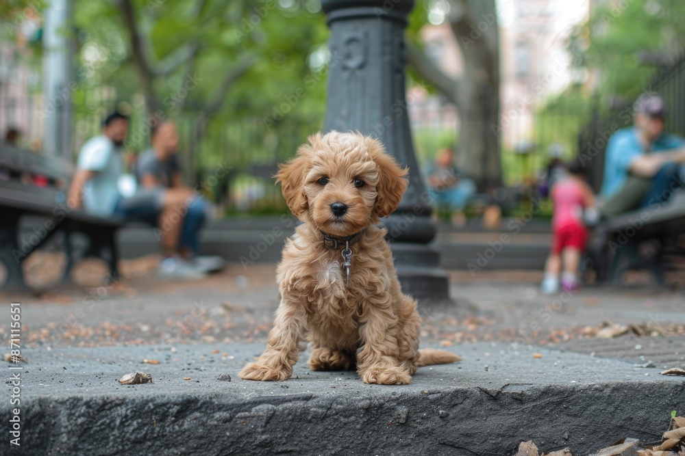 Urban Dog. Miniature Puppy Sitting in a New York City Park, Surrounded by a Crowd Urban Dog. Miniature Puppy Sitting in a New York City Park, Surrounded by a Crowd