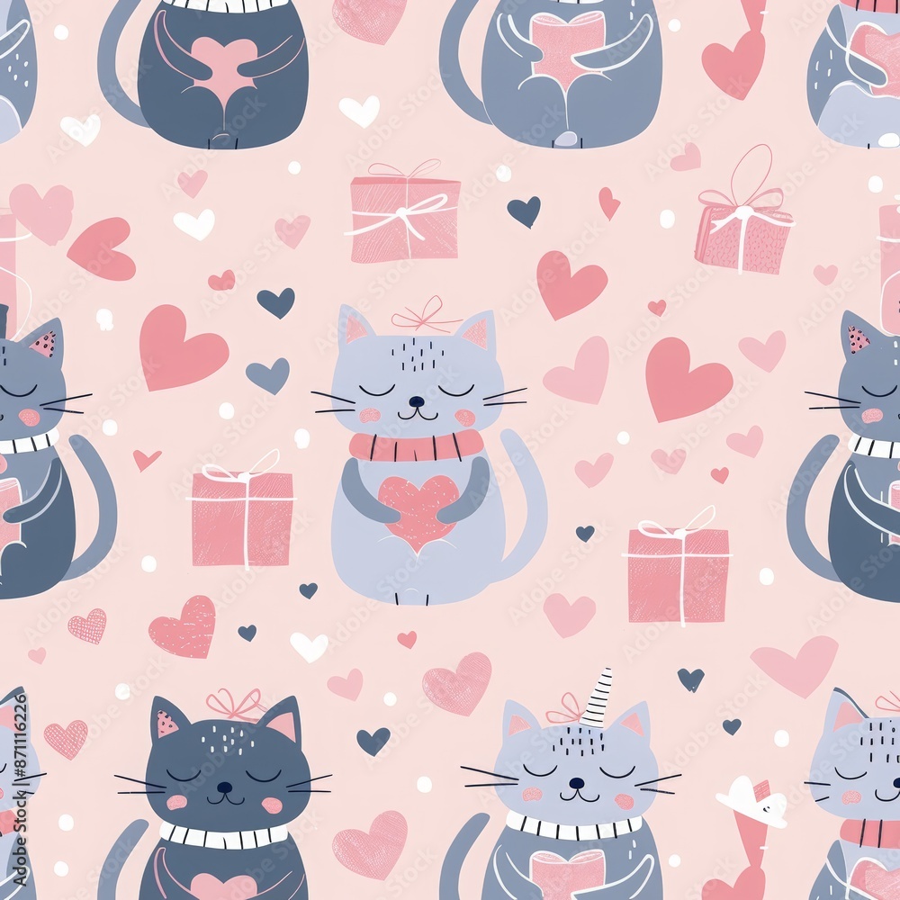 Cute cartoon pattern with cats and presents, seamless background for Cat Day on a pastel pink background Cute cartoon pattern with cats and presents, seamless background for Cat Day on a pastel pink background