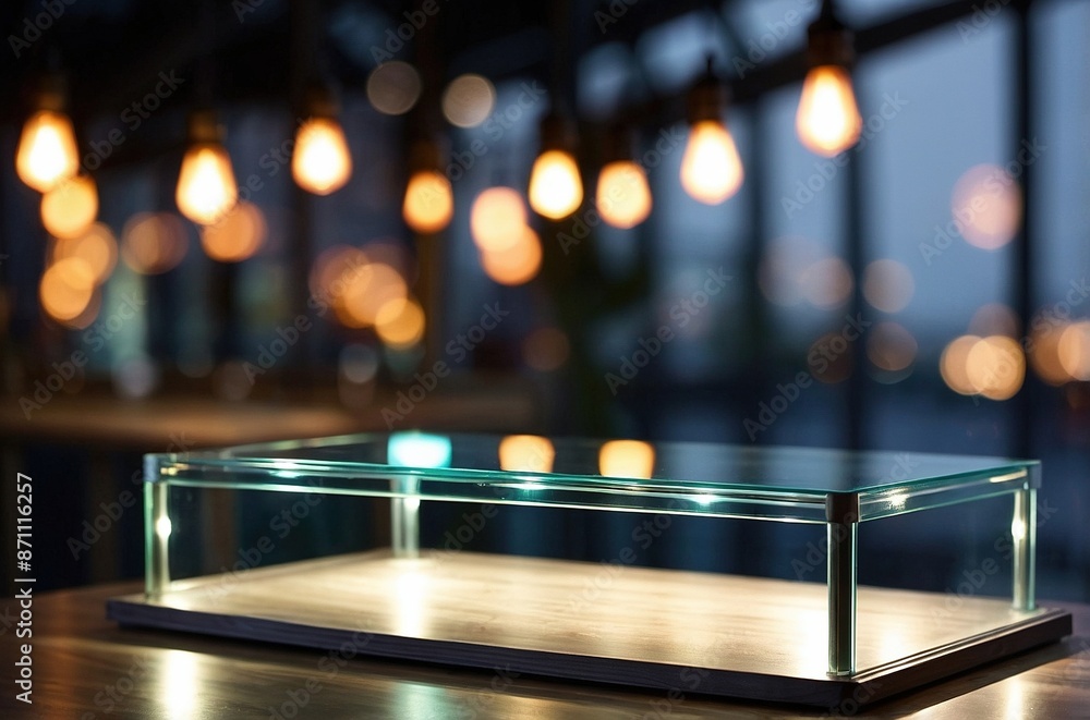 Empty glass table top with lights background. Template for product display Empty glass table top with lights background. Template for product display