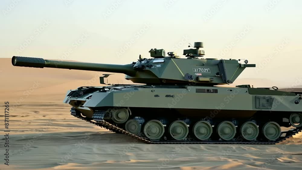 A sleek, modern military tank with advanced aerodynamic design positioned in a vast desert landscape. The tank's features and smooth lines are highlighted against the stark, sandy background