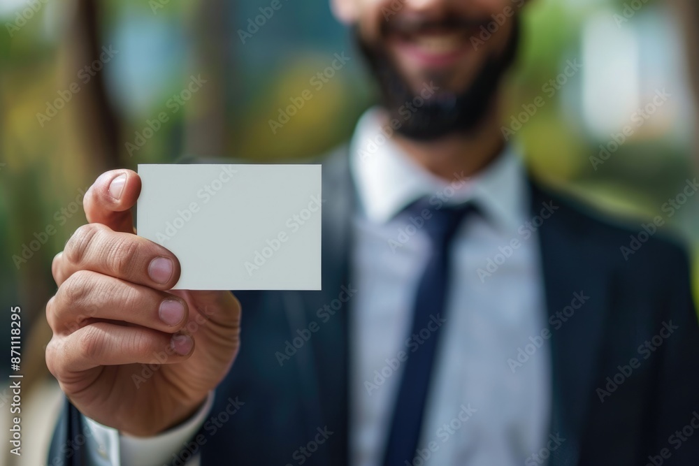 Show ID: Smiling Business Man Holding Blank Calling Card - Closeup Show ID: Smiling Business Man Holding Blank Calling Card - Closeup