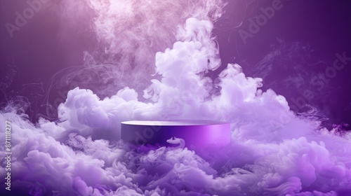 Photograph of a purple neon podium in the center, shrouded in white smoke. The thick smoke behind the podium creates a layered effect, soft purple lighting. Product presentation podium