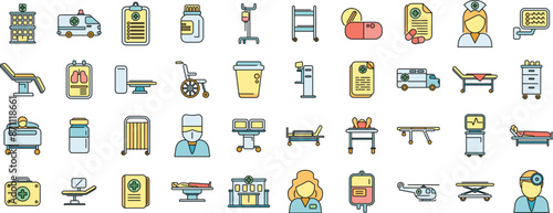 Hospitalization icons set outline vector. Medical health. Nurse bed thin line color flat on white