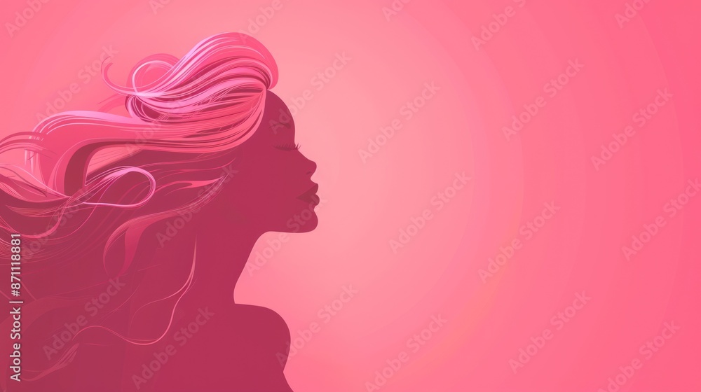 A woman with pink hair is shown in silhouette against a pink gradient background.