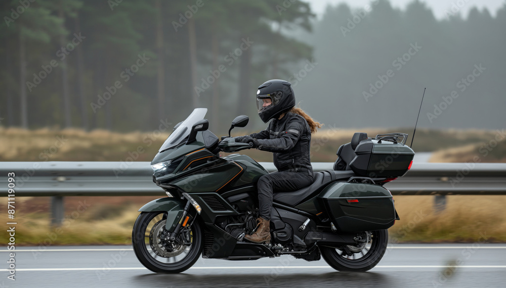 Fototapeta premium A motorcyclist in full gear rides a bike on a misty forest road, showcasing an adventurous spirit and the thrill of exploring the open road amidst nature's beauty.