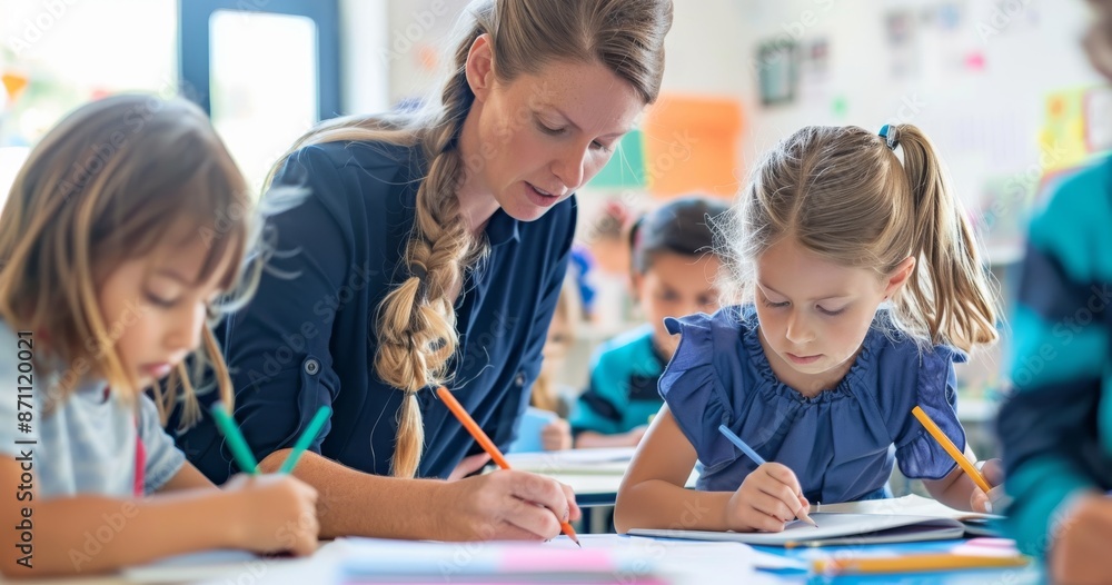 Teacher helping young students with classroom activities in a vibrant ...